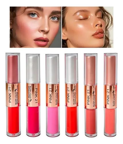 Duo Rubor + Iluminador Liquid 2en1 Pink21 Blush Highlighter Tono Del Maquillaje 06