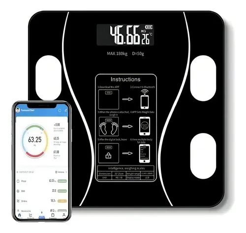 Balanza Inteligente Bluetooth Negro con Medidor Grasa y Sincronización APP