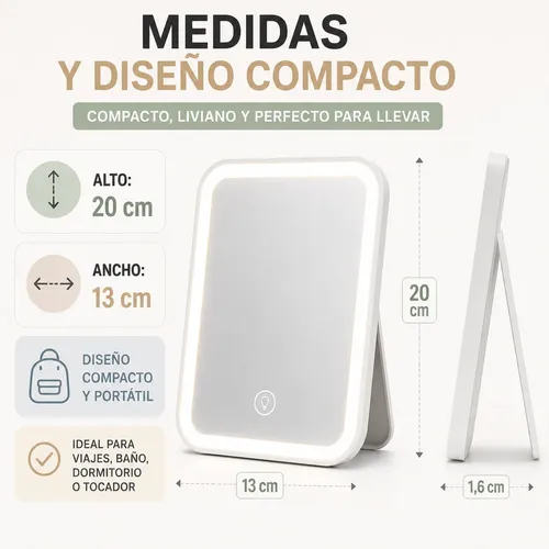 Espejo Led Táctil Recargable 3 Tonos Luz Usb
