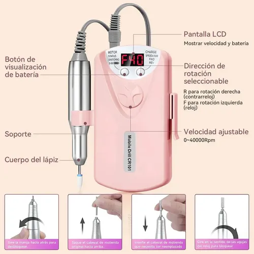 Pulidor De Uñas Profesional Usb 40000 Rpm Rosa