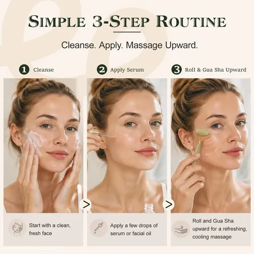 Set Masajeador Facial Jade Roller Gua Sha 3 Piezas Verde