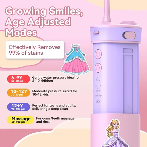 Hidropulsor Portátil Jtf Para Niños: 4 Modos Suaves, 6+ Años Pink+purple