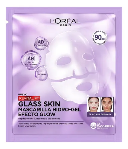 L’Oréal Paris Revitalift Glass Skin Mascarilla Hidrogel 1 pza EFECTO GLOW EN 90 MIN, Hidratación Profunda con Centella Asiática y Ácido Hialurónico. Para todo tipo de piel/ piel mixta a grasa