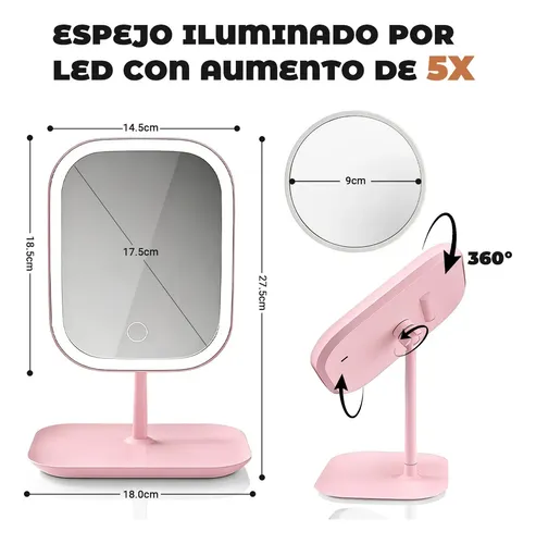Espejo For Maquillaje Con Luz Recargable Usb Lupa 5 Veces