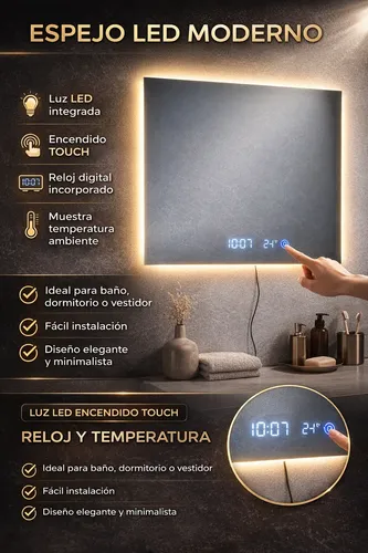 Espejo Redondo Con Luz Led Y Reloj Digital Para Baño