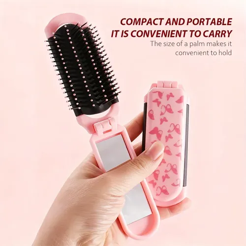 Cepillo Plegable Compacto Con Espejo Rosa