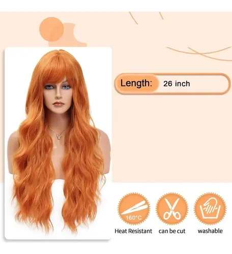 Q Peluca Naranja Larga Ondulada Con Flequillo