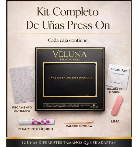 Uñas Press On Veluna Almendras 32u Cortas Reutilizables Kit Rojo Cherry