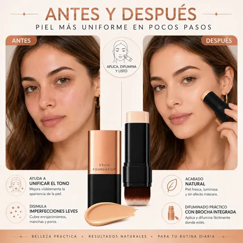Base Stick Barra Maquillaje Alta Cobertura Con Brocha Natural Beige