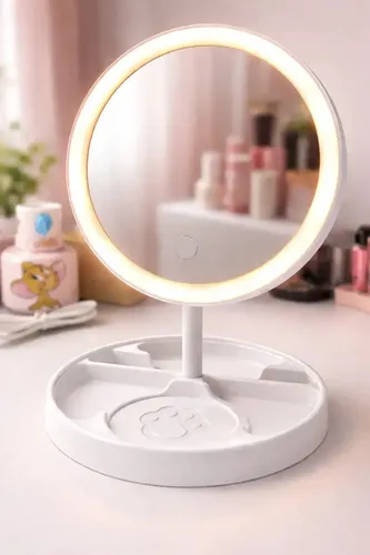 Espejo Pie Maquillaje Portatil Tactil Led Usb 90° Veoquiero Huella Blanco