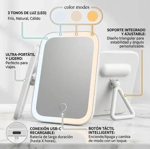 Espejo Led Maquillaje Tactil 3 Modos Recargable Usb Plegable