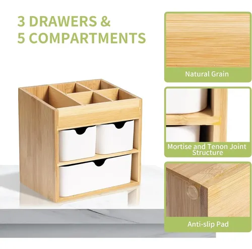 Organizador De Bambú Con 3 Cajones Para Maquillaje Y