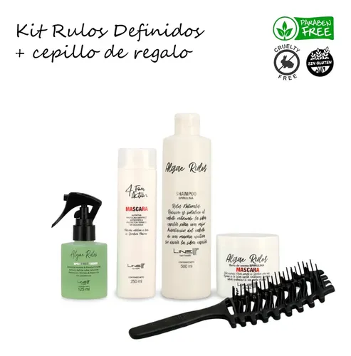Kit Definición Rizos Algae Rulos Line Up con Shampoo Rizos, Máscara Algae Rizos, Mascara Antifrizz e Hidratadora 4FourAction y Spray Formador de Rulos