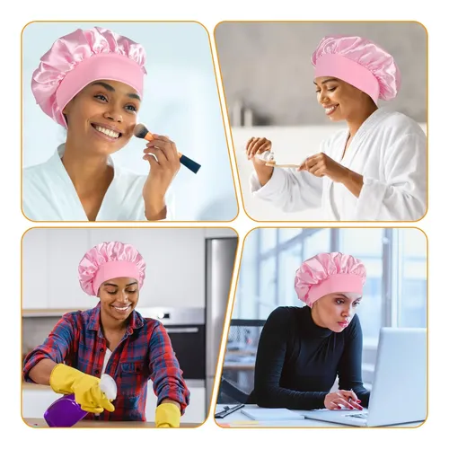 Gorro De Satén Para Dormir, Banda Ajustable, Rosa Rosa