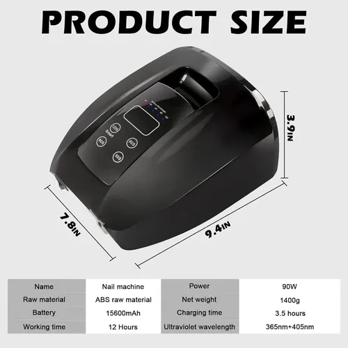 Lámpara Uv Led Uñas Recargable 90w Negra Profesional