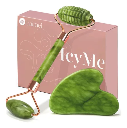 Kit Masajeador Facial Baimei Rodillo Y Gua Sha Verde