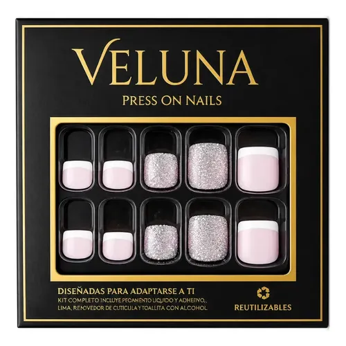 Uñas Press On Para Pies Kit Completo Reutilizable Veluna – Francesita Con Brillos