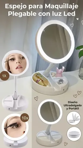 Espejo De Maquillaje Redondo Plegable Usb Pila Luz Led Zoom