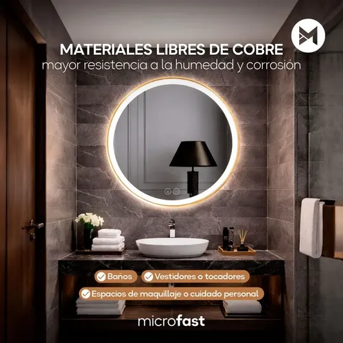 Espejo Redondo con Luz LED Táctil para Baño, Desempañante y Marco Dorado de 60 cm
