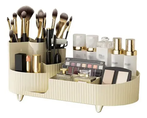 Organizador de Maquillaje con Porta Brochas Giratorio 360° en Beige