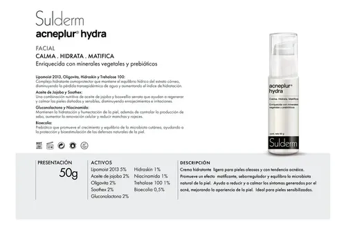 Sulderm Acneplur Crema Hidratante Facial Niacinamida Matificante 50g