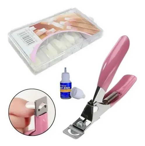 Kit Tips + Corta Tips O Alicate + Pegamento Para Uñas Gel Uv Rosa
