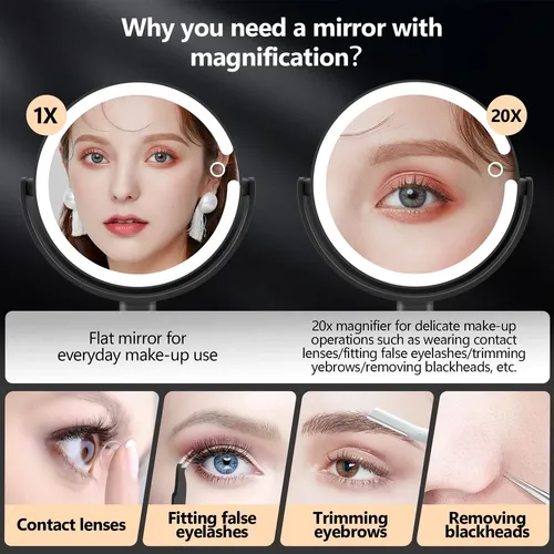Espejo De Maquillaje Miyadiva Con Aumento De 20 Aumentos, Negro Negro