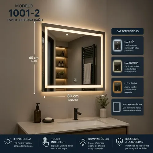 Espejo Led Rectangular Elicar Horizontal Touch 60×80 Baño
