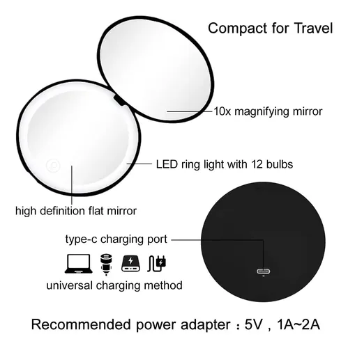 Espejo Compacto Milishow Con Luz Led Con Aumento De 1x/10x,