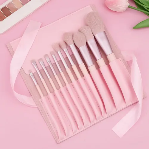 Set De 11 Pinceles De Maquillaje Rosa Con Estuche