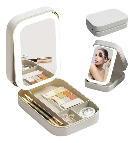 Espejo Led Porta Cosmeticos Usb Funda Simil Cuero