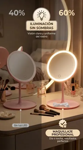 Espejo Para Maquillaje Redondo Con Luz Led Táctil Usb Rosa