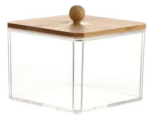 Organizador De Maquillaje Multiuso Acrílico 9×9 C/tapa Bambú