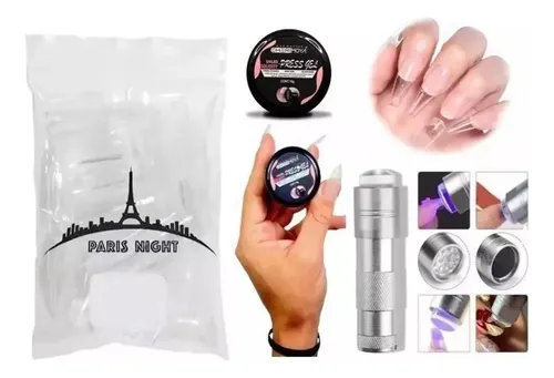 Kit Soft Gel 50 Tips Paris Night + Gel Solido + Linterna Uv.