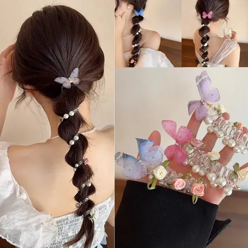 4 Pzas. Ligas Suaves Espirales Con Mariposa Para El Cabello