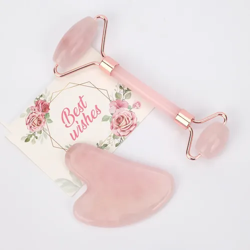 Rodillo Facial De Jade Natural Gua Set, Raspador De Cuello,  Rosa