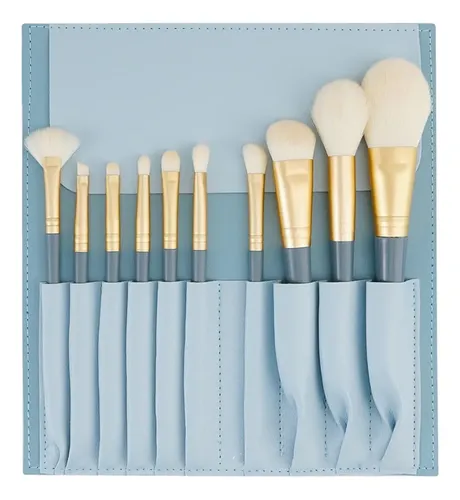 Set 10 Pinceles De Maquillaje Con Estuche Portátil Azul