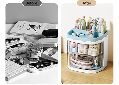 Organizador De Maquillaje Cremas Escritorio, Porta Lápices Y Papelería, Con 2 Cajones Multifuncional, Ideal Para Decoración Aesthetic, Almacenamiento Tierno Y Viral Levys Bazar
