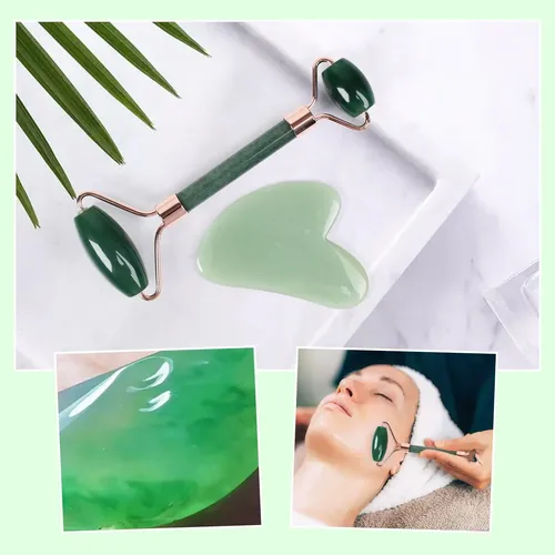 Set Facial Quartz Rose Jade Roller Y Gua Sha Green