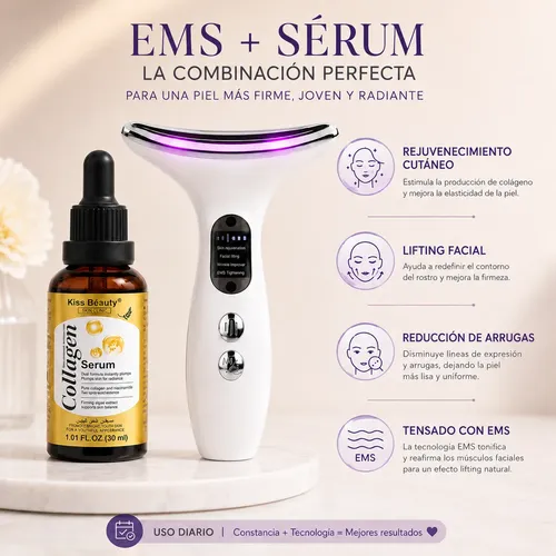 Masajeador Facial Y Cuello Ems Led Calor Con Serum Colágeno