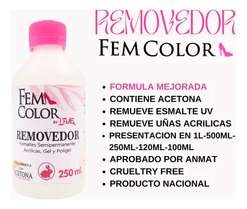 Removedor Acetona Esmalte Uv Acrilico Gel  Femcolor 250 Ml