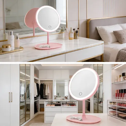 Espejo Con Luz Led Rosa 3 Tonos Para Maquillaje Usb