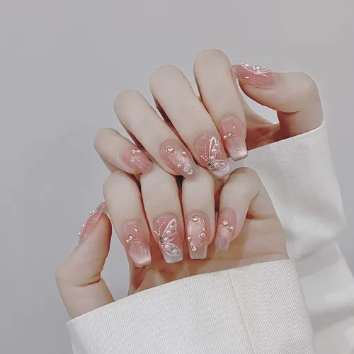 Uñas Postizas Rosa Brillante Estilo Ojo De Gato