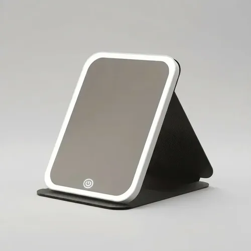 Espejo Con Luz Led Touch Suono Negro Soporte Plegable Blanco