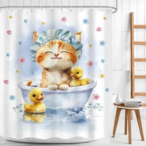 Cortina De Ducha Con Estampado De Gato Y Patito Amarillo