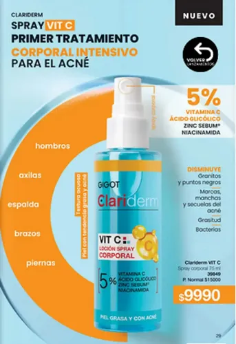 Gigot Clariderm Vit C Locion Spray Corporal Anti Acne 75ml.