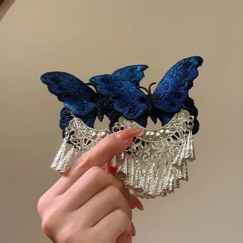 Campanilla Plateada Con Bordado De Mariposas Azules Retro Ch Blue Embroidery Butterfly