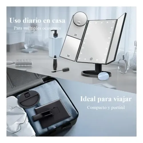 Espejo Maquillaje Luz Tríptica Aumento 3x/2x/10x Buen