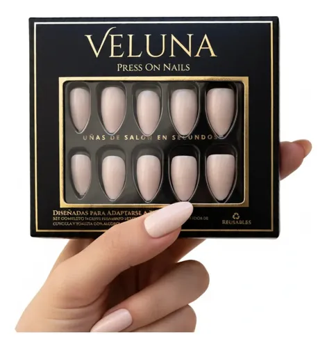 Uñas Press On Veluna Almendras 32u Cortas Reutilizables Kit Beige
