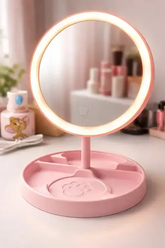 Espejo Pie Maquillaje Portatil Tactil Led Usb 90° Veoquiero Huella Rosa